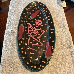 DAY OF THE DEAD SKELETON & CHILI PEPPER HAND-PAINTED CERAMIC OVAL PLATTER
